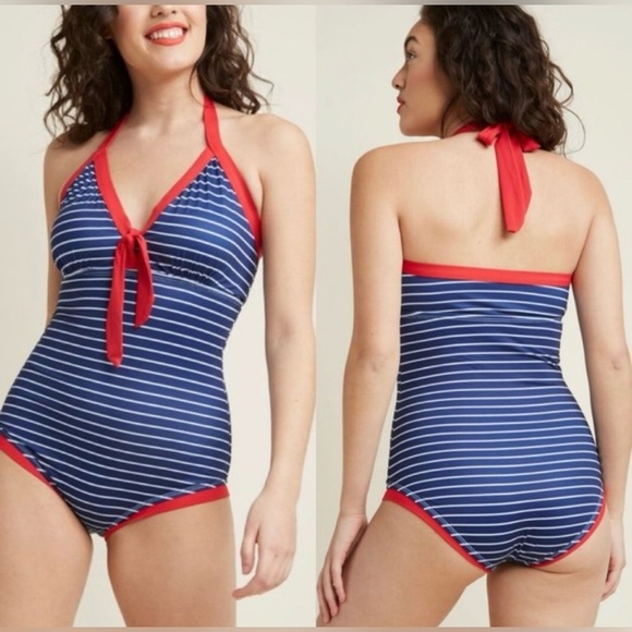 ModCloth Deep End Diva One-Piece Swimsuit in Nautical Navy-stripe - Picture 3 of 9